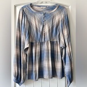 Lightweight Plaid Peasant Blouse in Blue and Cream